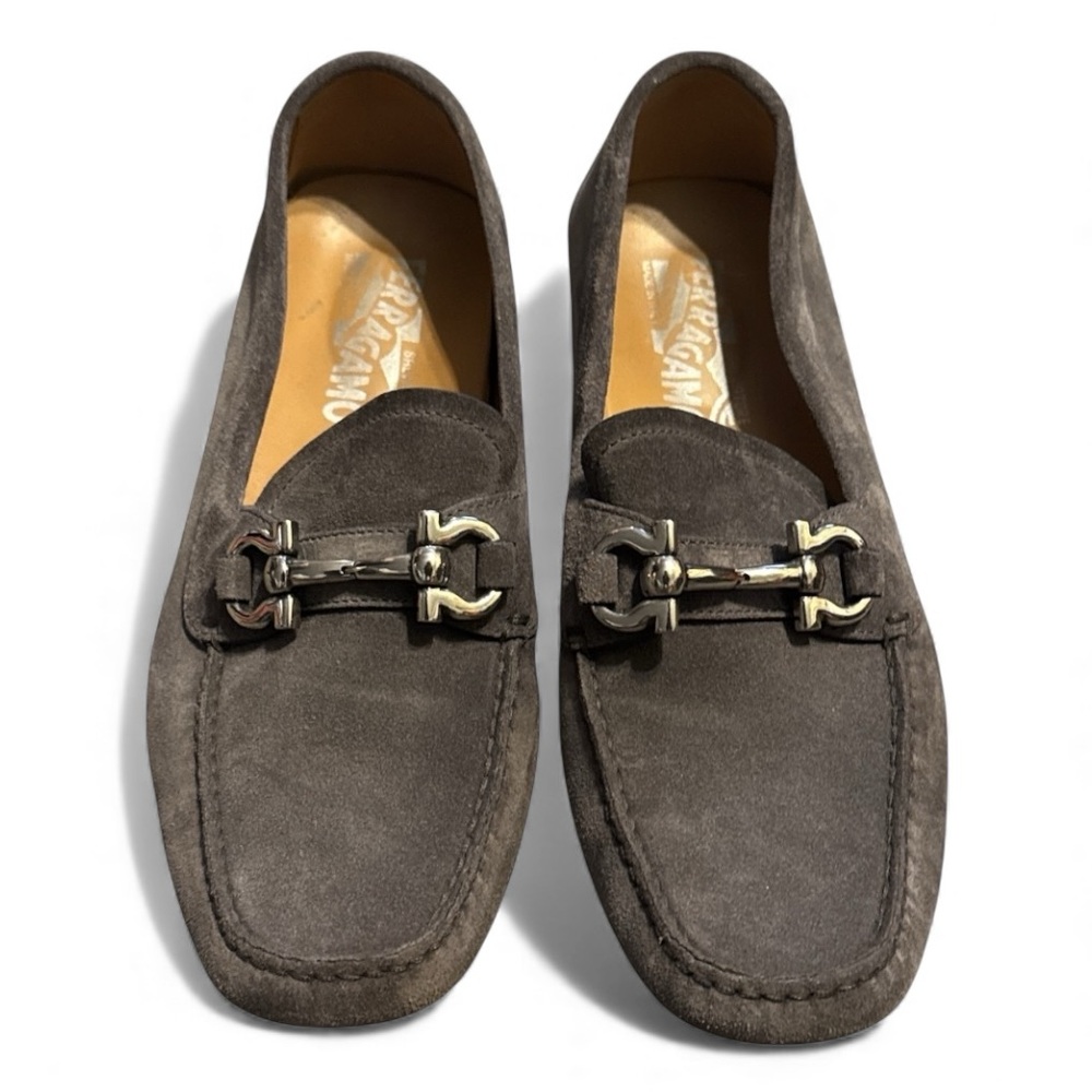 Salvatore Ferragamo Suede Leather Loafer Flats Gray 7.5 Shoes Festive Holiday